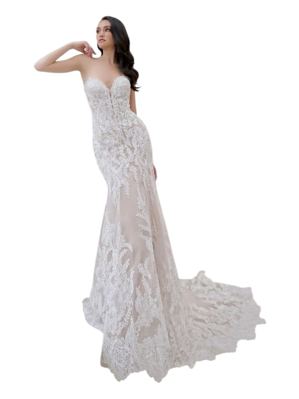Strapless Sweetheart Lace Mermaid Wedding Gown - White